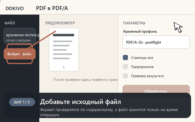 PDF в PDF/A — пошаговая демонстрация интерфейса DOKIVO