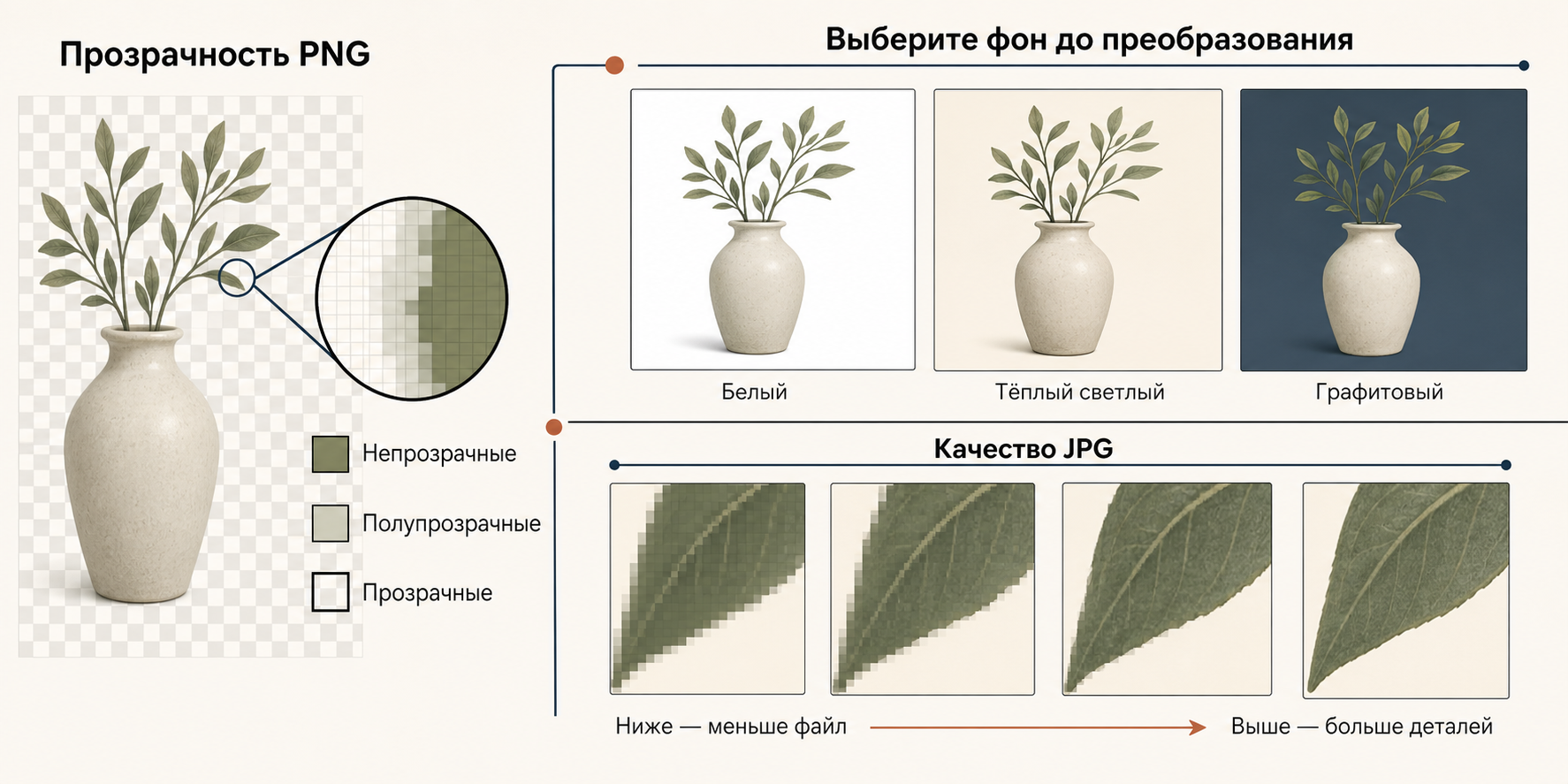 Прозрачный PNG смешивается с белым, тёплым или графитовым фоном; качество JPEG влияет на края и детали