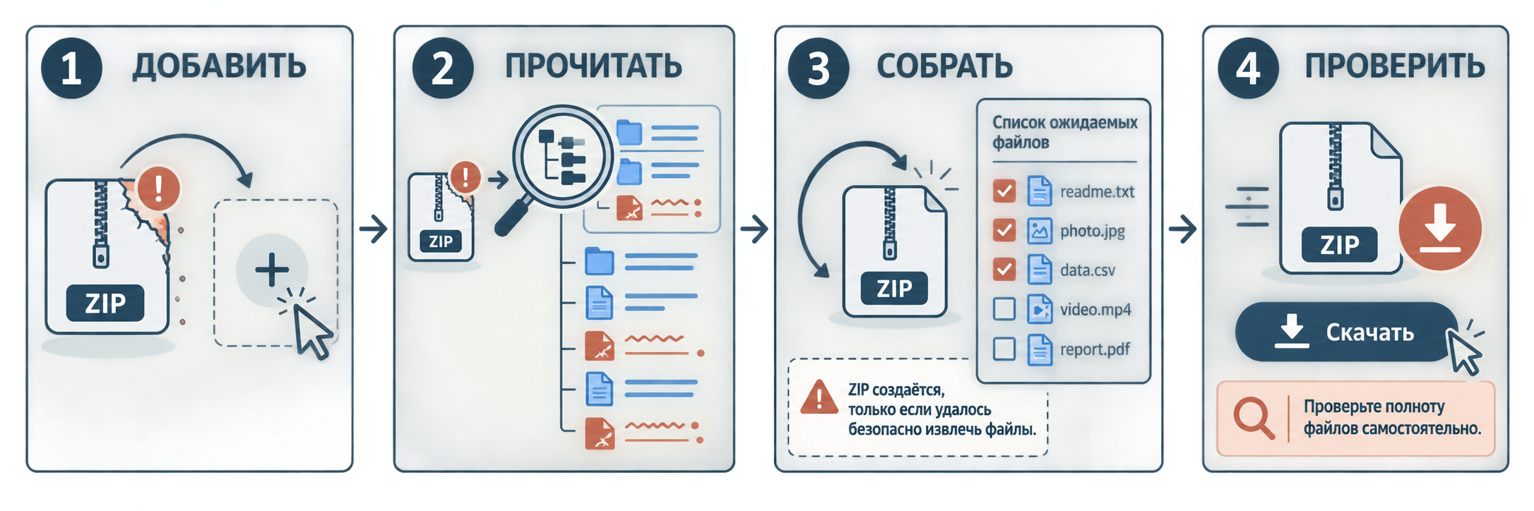 Четыре этапа: добавить повреждённый архив, безопасно прочитать структуру, собрать восстановленный ZIP и самостоятельно проверить его полноту